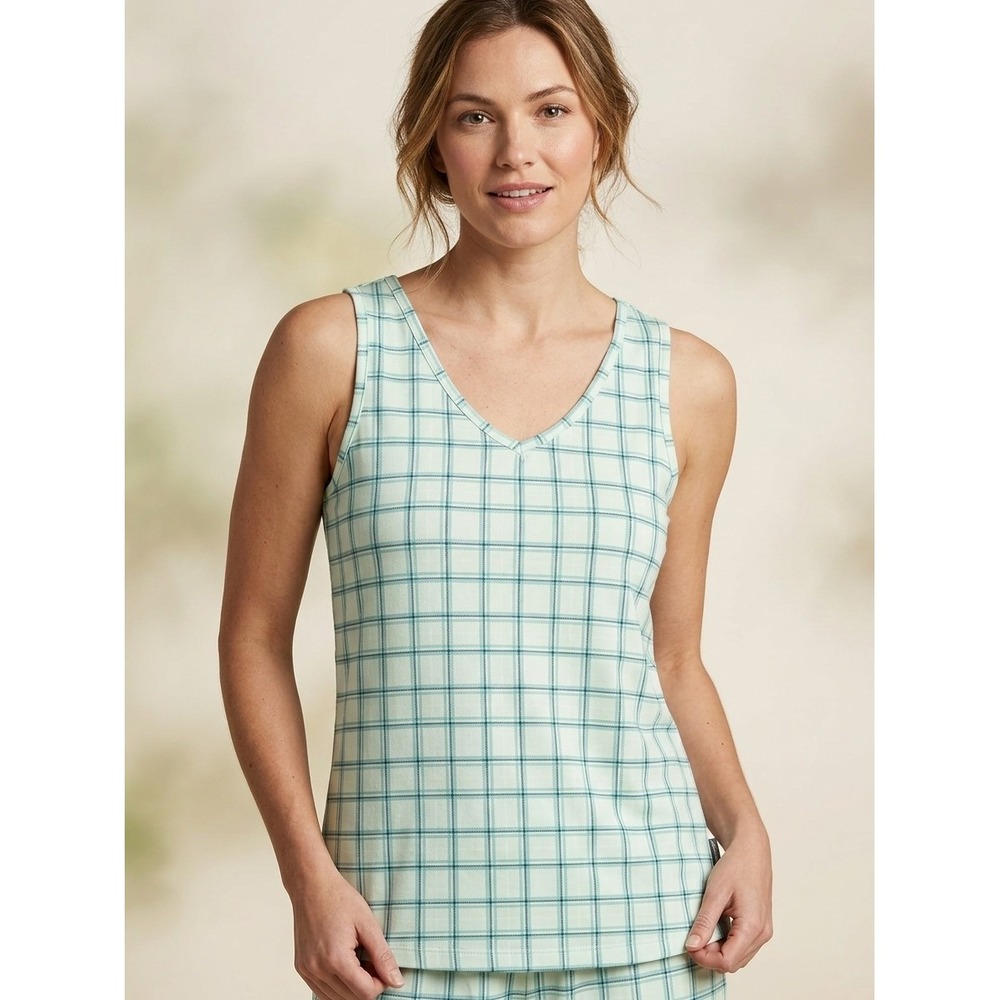 Eddie Bauer Sleepwear Womens S Pajama Tank Top V-Neck Mint Green Plaid Soft Cozy